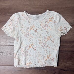 Soft & Sheer American Eagle Outfitters Cream Floral Ribbed Crop Top Baby Tee M